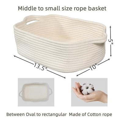 Woven Cotton Rope Storage Basket with Handles for Organizing Shelves Closet Small Cat Dog Pet Toy Baskets Box Bin Decorative Rectangle Baby Nursery basket Gift basket Empty(white)