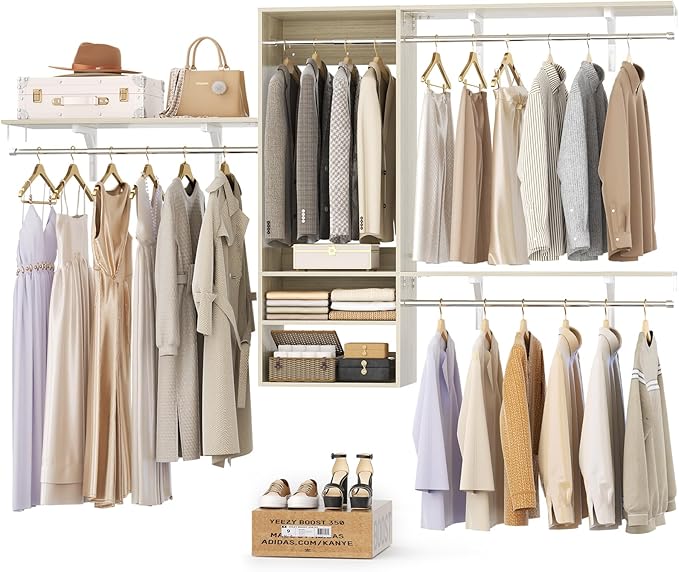 Cyclysio 96 Inch Closet System, 8 FT Hanging Closet Organizer System, Walk in Closet System with 4 Adjustable Rods and 3 Shelving Towers for 4-8FT Spaces(Cut-to-Fit), Oak