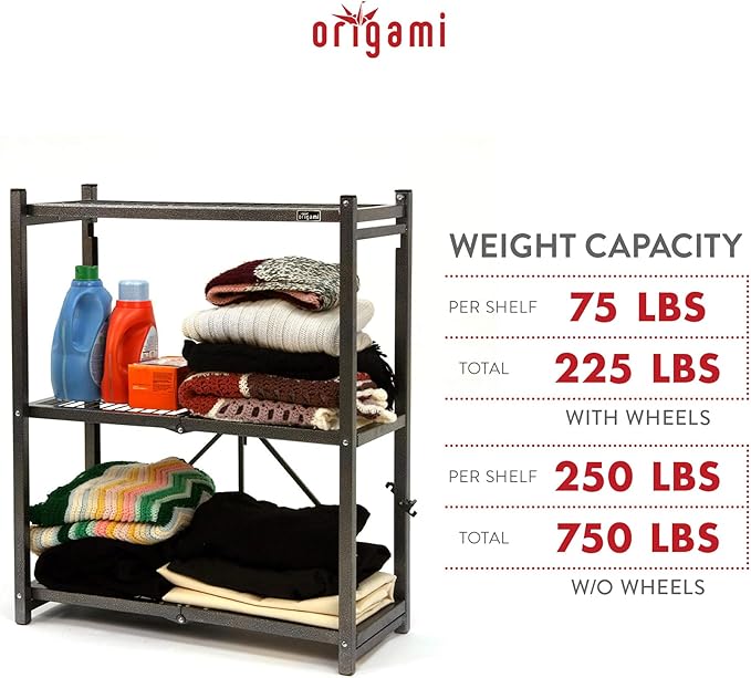 Origami 3-Tier Foldable Storage Shelves, Heavy Duty Rolling Shelf Rack with Wheels, Pewter