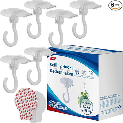 TAILI Adhesive Removable Wall & Ceiling Hooks for Hanging Plants, Heavy Duty No-Drill 360° Swivel Adjustable Sticky Wall Hooks Hanging Decor Lights Garland for Door Kitchen, Renter Friendly - 6 Pack