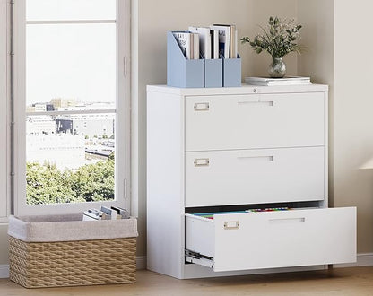 MIIIKO 3 Drawer Lateral File Cabinet with Lock, White Lateral Filing Cabinet, Large Deep Drawers Locked by Keys, Metal Storage File Cabinet for Hanging Files Letter/Legal/F4/A4 Size