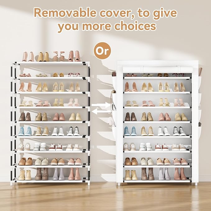 Shoe Rack with Cover, 8 Tier Tall Shoe Organizer Storage for 36-45 Pair Shoes and Boots Large Shoe Storage Shelf Free Standing Shoe Rack for Closet, Front Door Entrance, Dorm, Garage, White