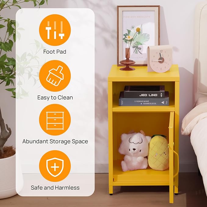 ALBAD Compact Metal Nightstand with Lockable Cabinet and Open Shelf, Modern Bedside Table, Versatile Side Table for Bedroom, Living Room, or Office (Yellow, 26" H-Lockable Door)