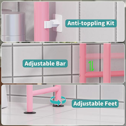 3-Tier Over The Toilet Storage with Paper Holder, Metal Bathroom Organizers and Storage for Small Space, Freestanding Bathroom Shelves with 4 Hooks, Above The Toilet Storage Shelf (Pink)