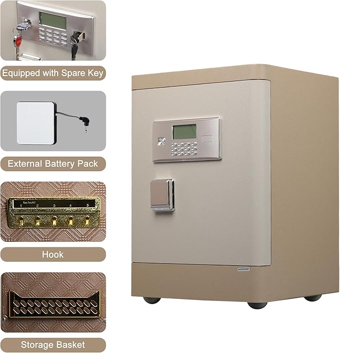 XPEDITION 3.38 cu.ft Vintage Retro Home Safe with Wheels, Large Digital Safe Box with Key, Built-In Drawer, Removable Shelf, Fireproof Waterproof Bag, Aesthetic Beige Safe for Bedroom Decor