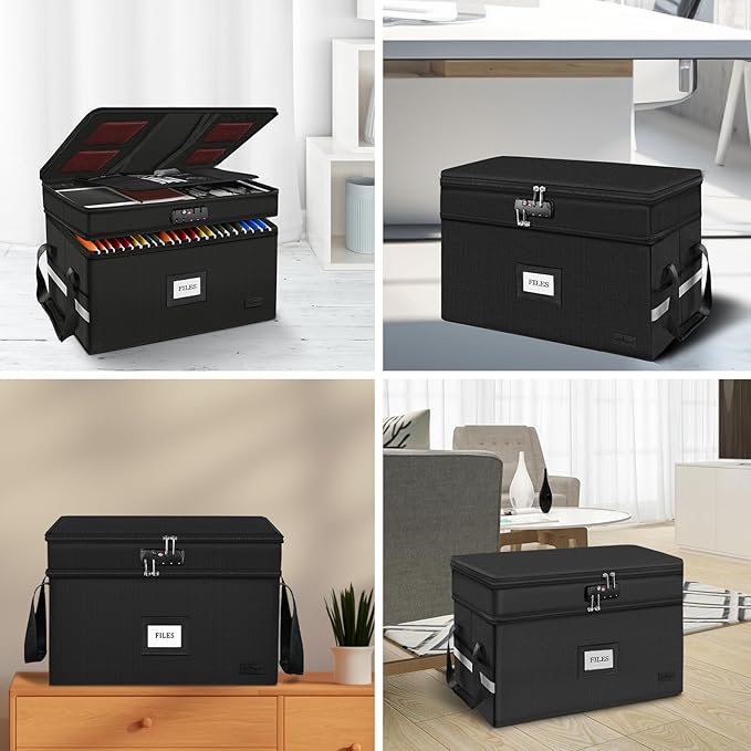 ETRONIK Large Fireproof Document Box with Lock, 2 Layer File Organizer, Portable Office Collapsible File Storage with Reflective Strip for Hanging Letters, Legal Size Folder, Certificate