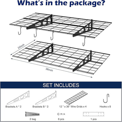 2x3 Ft Garage Wall Shelving, 700 lbs Heavy Duty Metal Garage Shelf Storage Organization, 24x36 Inch Wall Mounted Floating Shelves with Hooks, High Capacity, Space Saving, 2 Pack