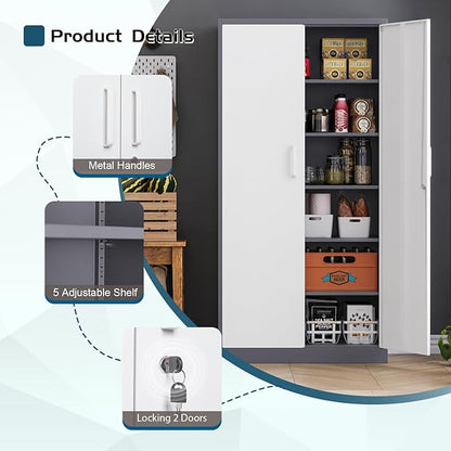 MIIIKO Storage Cabinet with Locking Doors, 72" Tall Metal Cabinet with 5 Adjustable Shelves, 36" Wide Steel Cabinets for Home Office, Garage, Pantry, Workshop…