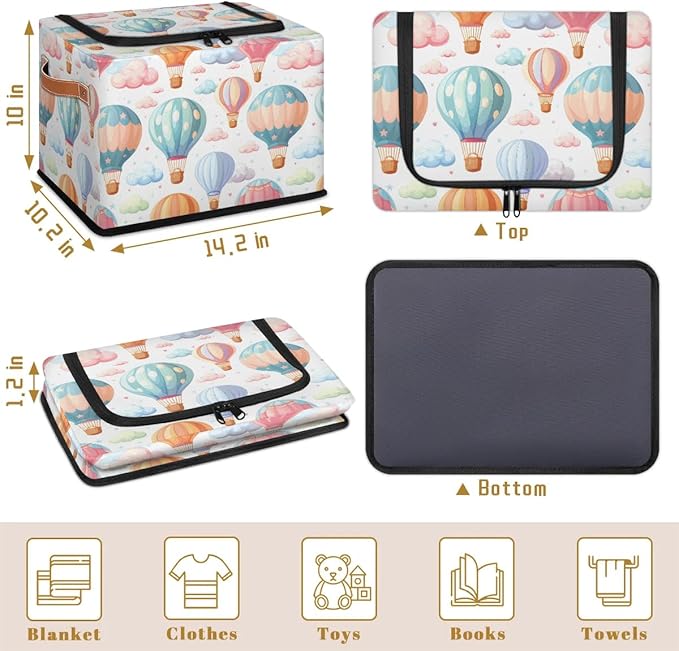 Colorful Hot Balloon Storage Bins with Zipper Lid, Collapsible Fabric Storage Basket with Leather Handles Closet Shelf Cloth Organizer Basket for Nursery Bedroom Clothes Toy