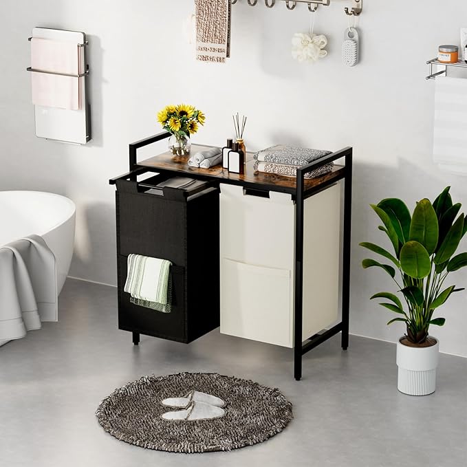 Double Compartment Laundry Basket, Laundry Sorter with Top Shelf, 2 Removable Washable Bags, Side Pockets, Black & White