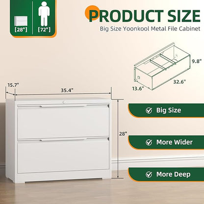 Lateral File Cabinet 2 Drawer, Metal File Cabinet with Lock, Wide Filing Cabinets for Home Office, White Locking Deep Drawer for Hanging Files Letter/Legal/A4/F4 Size, Printer Stand, Assembly Required
