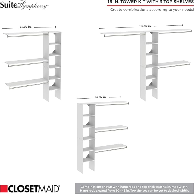 ClosetMaid SuiteSymphony Wood Closet Organizer Kit with Tower, 3 Hang Rods, Top Shelves, 2 Drawers, Modern, Fits Spaces 5 - 9 ft. Wide, Graphite Grey