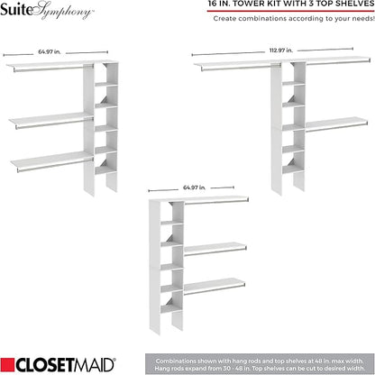 ClosetMaid SuiteSymphony Wood Closet Organizer Kit with Tower, 3 Hang Rods, Top Shelves, Adjustable, Fits Spaces 5 - 9 ft. Wide, Pure White