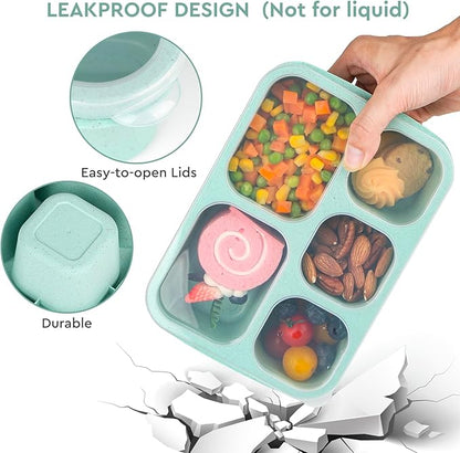Bento Lunch Boxes - Reusable 5-Compartment Food Lunchables Containers, Snack Boxes For Adults Container for School, Work, and Travel, Set of 4 (Wheat)