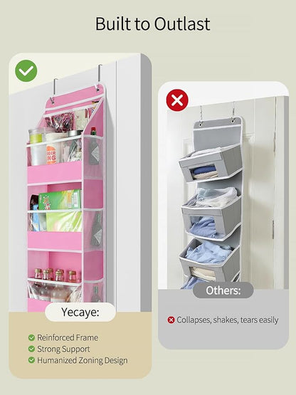 Yecaye 5 Tier Over the Door Organizer, Swing-proof Door Organizer Hanging with Clear PVC Windows, Behind the Door Storage for Bedroom Nursery Closet Laundry Pantry Bathroom, Bubblegum Pink