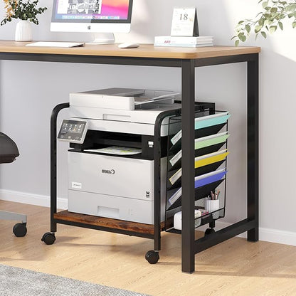 EasyCom Large Printer Stand with File Holder Organizer, Adjustable Height Shelf with Wheels, Rolling Printer Cart with Storage for Printer Scanner Fax Home Office Use Rustic Brown