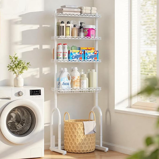 EAGMAK Over The Toilet Storage Rack, 4-Tier Bathroom Organizer with Adjustable Shelves & Basket, Rust-Resistant Metal Over Toilet Shelf for Small Bathroom Space Saving, White