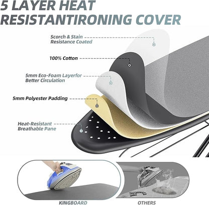 KINGBOARD Ironing Board, Compact Iron Board Full Size with Extra Thick Cover, 7 Adjustable Heights Stand with Hanger and Iron Rest, Large Heavy Duty Ironing Board with Storage Tray, 13x43 Black