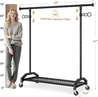 Heavy Duty Clothes Rack Clothing Racks for Hanging Clothes Garment Rack 45" Lx15.8 W x 67" H Rolling Clothes Rack with Wheels
