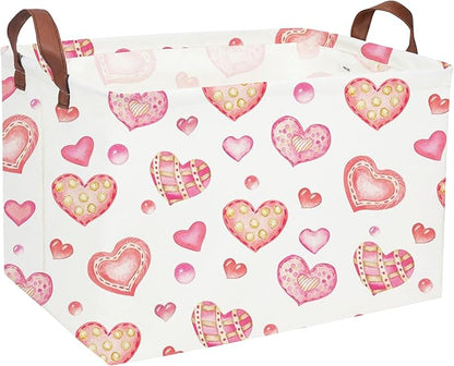 Essme Rectangular Pink Basket Gift Storage Box,Heart Storage Bins Organizer with Handles for Girls Room Decor, Valentine's Day Basket,Shelf Basket,Toy Organizer(Dreamy Heart)