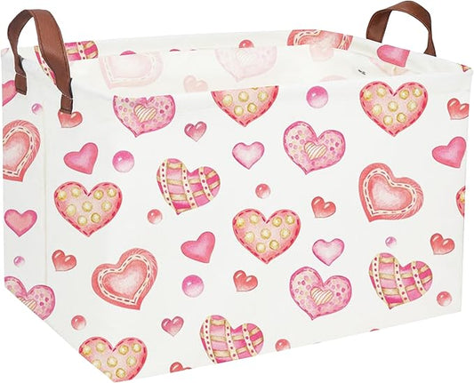 Essme Rectangular Pink Basket Gift Storage Box,Heart Storage Bins Organizer with Handles for Girls Room Decor, Valentine's Day Basket,Shelf Basket,Toy Organizer(Dreamy Heart)