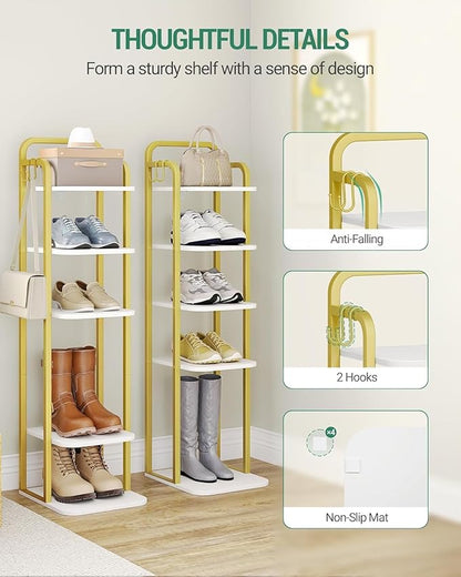 6 Tiers Vertical Shoe Rack, Narrow Shoe Tower, Tall Shoes Shelf with 2 Hooks, Adjustable Shelves, Corner Shoes Shelves for Small Spaces, Entryway, Living Room, White Gold SR04213A
