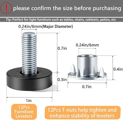 M6 Thread Leveling Feet, 12 PCS Furniture Levelers with T-Nuts, Adjustable Furniture Feet Threaded Screw in, Table Levelers for Adjusting Individual Desk Legs
