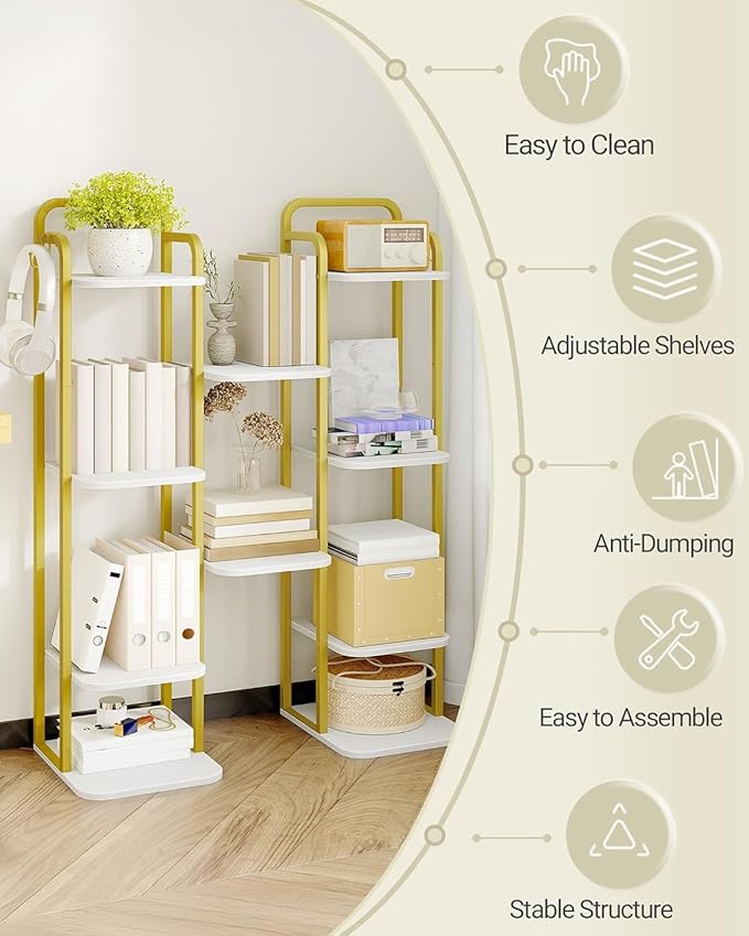 6 Tiers Vertical Shoe Rack, Narrow Shoe Tower, Tall Shoes Shelf with 2 Hooks, Adjustable Shelves, Corner Shoes Shelves for Small Spaces, Entryway, Living Room, White Gold SR04213A