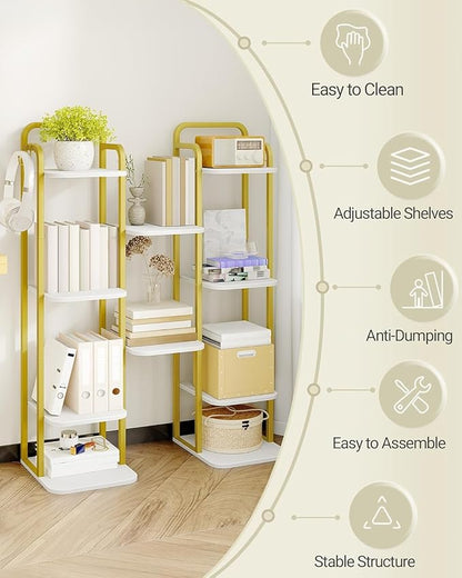 6 Tiers Vertical Shoe Rack, Narrow Shoe Tower, Tall Shoes Shelf with 2 Hooks, Adjustable Shelves, Corner Shoes Shelves for Small Spaces, Entryway, Living Room, White Gold SR04213A