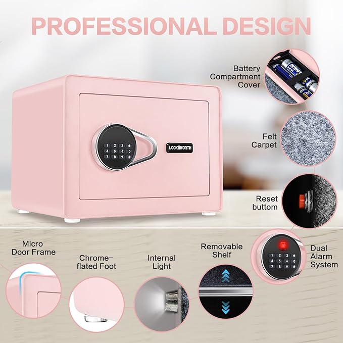 Safe for Home, 1.0 Cubic Feet Small Safe with Removable Shelf, Alarm System, Digital Electronic Security Money Box for Cash, Document, Home, Office, Hotel Use, Pink, 9.84"D x 13.78"W x 9.84"H