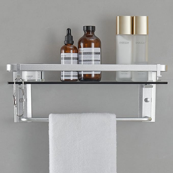 VOLPONE Glass Bathroom Shelf 15.7 in Bathroom Wall Shelf with Towel Holder Tempered Glass Shelf Wall Mount with 2 Removable Hooks Silver（1 Tier）