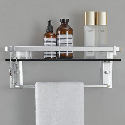 VOLPONE Glass Bathroom Shelf 15.7 in Bathroom Wall Shelf with Towel Holder Tempered Glass Shelf Wall Mount with 2 Removable Hooks Silver（1 Tier）