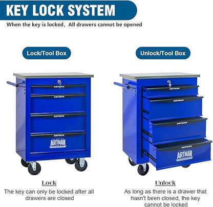 4-Drawer Rolling Tool Chest with Stainless Steel Countertop,Tool Chest with Secure Locking System,Mobile Storage Tool Cabinet with 360°Wheels and Padded Feet,for Home,Garage (Blue)