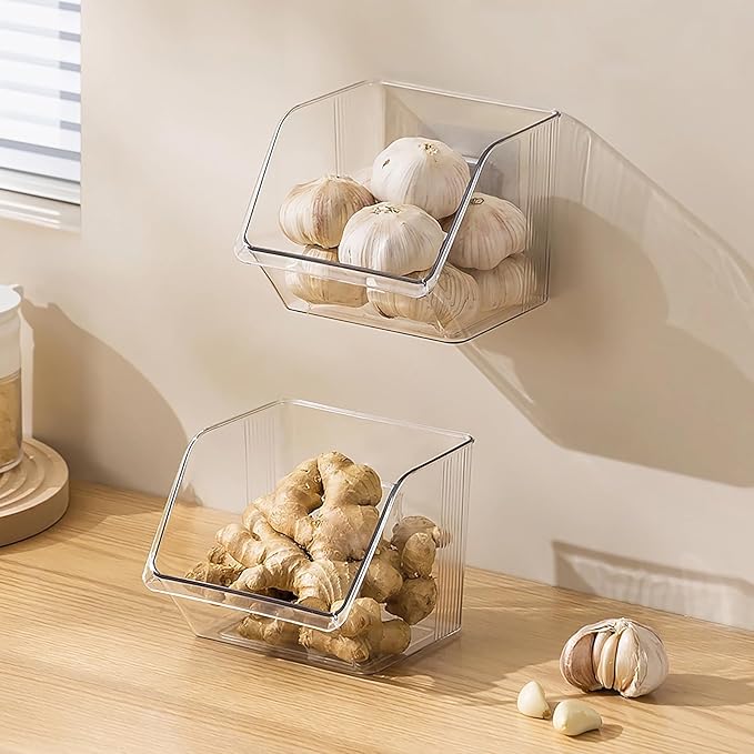 Garlic Keeper Storage Ginger Container, 3-Pack Small Clear Acrylic Bins with Adhesive, No-Drill Wall Mounted or Countertop Baskets for Kitchen, Pantry, Cabinet Organization
