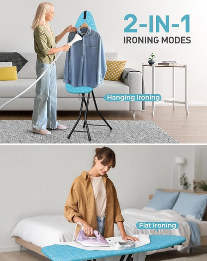 LyriFine Ironing Board, 2-in-1 Flat and Hanging Board, Sturdy Steel Frame Iron Board with Non-Slip Feet, Heat Resistant Cover Iron Board, Foldable Ironing Board Full Size with Hook, 14″ x 43″ Blue