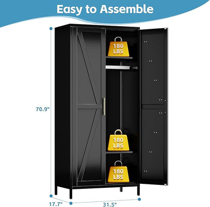 Aobabo 2 Door Metal Wardrobe Cabinet with Hanging Rod, Metal Wardrobe Closet with 2 Adjustable Shelves, Storage Lockers for Home,Office,Installation Required, Black