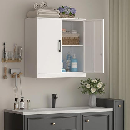 Wall Cabinet,Lockable Storage Cabinets with Adjustable Shelf,Locking Wall Storage Cabinet with Doors for Laundry Room,Home Office,White