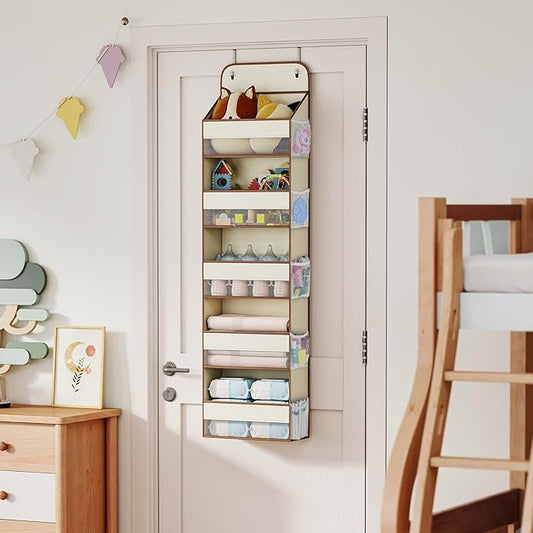 LAMU 5-Tier Over The Door Organizer Hanging, Swing - Proof Closet Behind Door Storage for Baby Clothes, Back of Door Organizers for Bedroom, Nursery and Bathroom, Beige, 1 Pack