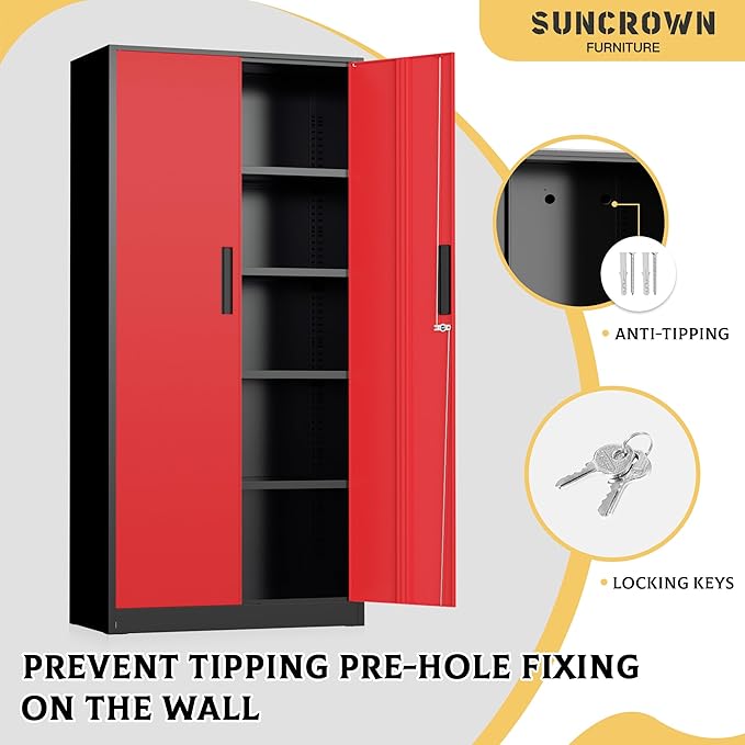SUNCROWN 72" Metal Storage Cabinet - Heavy-Duty Metal Garage Cabinet with 4 Adjustable Shelves & 2 Doors for Tools, Office, Home, Workshop,Black & Red-Small