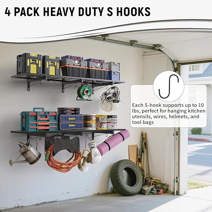 Garage Wall Shelves, 46"X12.5" Garage Shelving Wall Mounted, Heavy Duty Shelf Storage Rack with 4 Hooks, Black Organizer Floating Metal Shelf 160 LBS Capacity for Office, Basement, Laundry Room