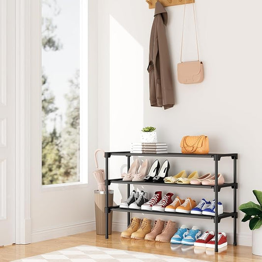 32.3" Widening Design Shoe Rack for Closet 16 Pairs Small Spaces Non-Woven 3 Tier Shoe Organizer Stackable Metal Shoe Shelf for Entryway, Bedroom
