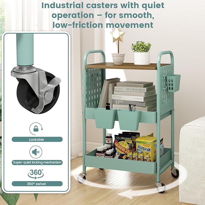 danpinera 3 Tier Rolling Cart, Metal Storage Cart with Wooden Tabletop, Storage Cart with DIY Pegboards & Locked Wheels, Hooks & Hanging Cups for Any Room