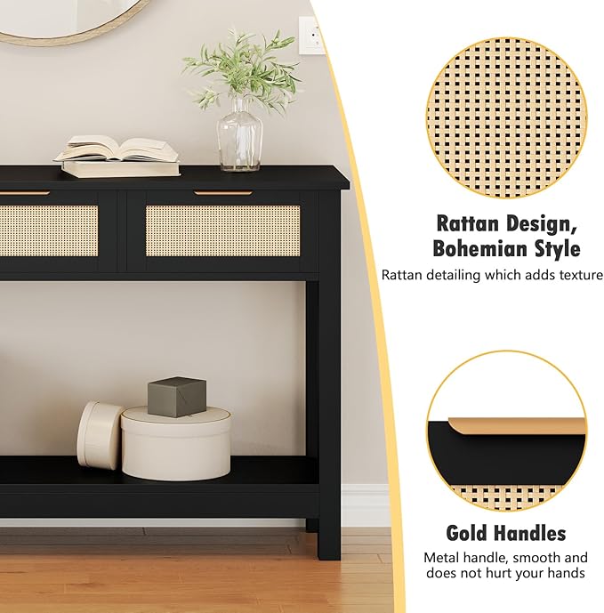 Luoxiao Entryway Table with 3 Rattan Drawers, 47" Narrow Console Table with Storage Shelf, Modern Black Sofa Table for Living Room Hallway Foyer, Slim Entry Way Cabinet, Anti-Tip, Easy Assembly
