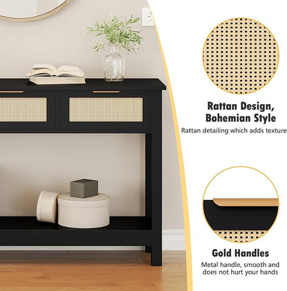 Luoxiao Entryway Table with 3 Rattan Drawers, 47" Narrow Console Table with Storage Shelf, Modern Black Sofa Table for Living Room Hallway Foyer, Slim Entry Way Cabinet, Anti-Tip, Easy Assembly