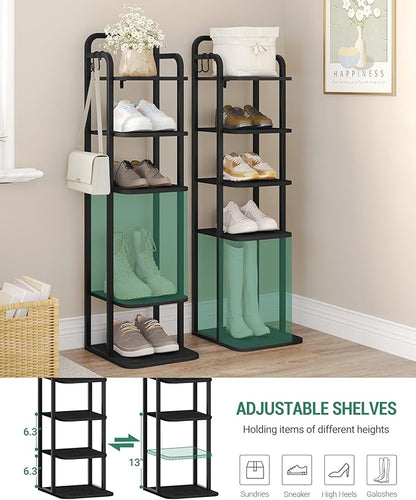 Vertical Shoe Rack, Shoe Shelves, Wood Shoe Organizer for Closet, Entryway, Shoe Tower for Small Spaces, Free Standing, Adjustable, with 2 Hooks, 6 Tier Black SR04204B