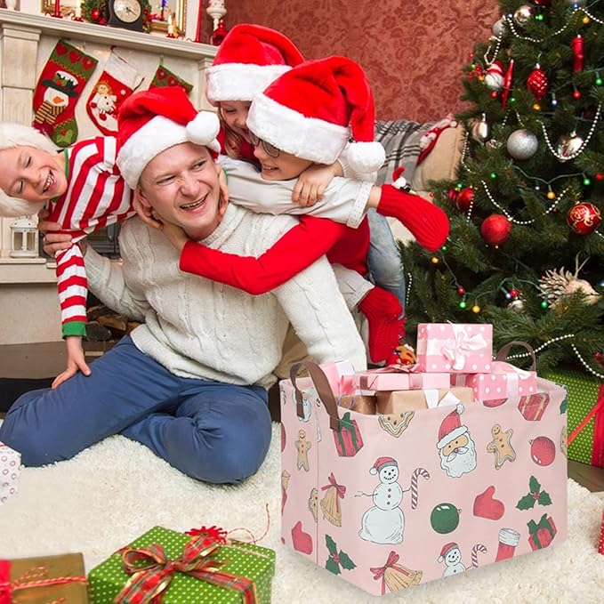 Rectangular Christmas tree Basket,Pink Christmas,Nursery Hamper,Waterproof and foldable Christmas Tree Basket Baby Storage Bin,Toy Organizer,Boy and Girls New Year decor(Pink Christmas)