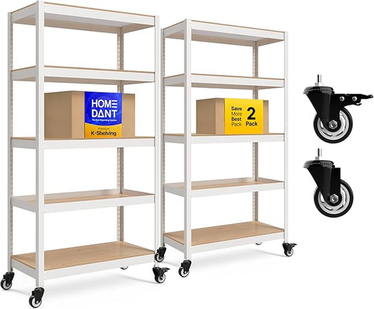 HOMEDANT House 5 Tier Heavy Duty Garage Shelving Adjustable Metal Rack Storage Shelves Standing Shelf Unit Organizers Pantry Closet Office (2, White, (Wheels) 36.2" W x 16.2" D)