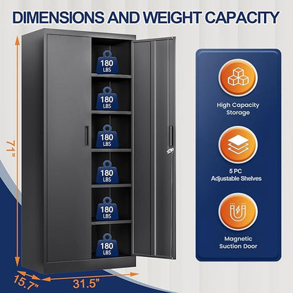 BESFUR Metal Storage Cabinet with 2 Doors and 5 Adjustable Shelves Garage Storage Cabinet with Lock 71" Office Storage Cabinets Locking Cabinets for Garage Office Shop Home (Black)