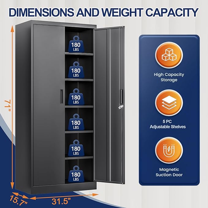 BESFUR Metal Garage Storage Cabinet with Locking Doors and 5 Adjustable Shelves, Black Tall Storage Cabinets, Tool File Lockable Cabinet for Garage Office Warehouse Shop(71”H)
