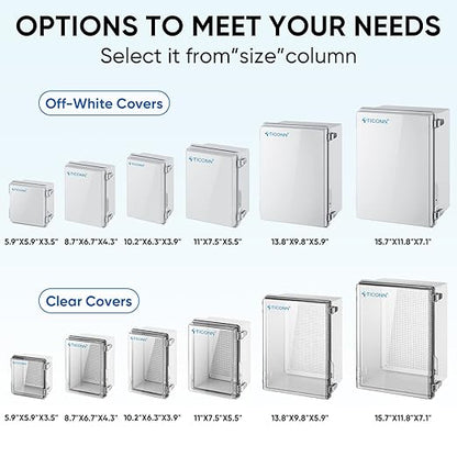 TICONN Outdoor Electrical Box Waterproof, Junction Box IP67 ABS Plastic Enclosure with Hinged Cover with Mounting Plate, Wall Brackets, Cable Glands (Off-White, 13.8"x9.8"x5.9")